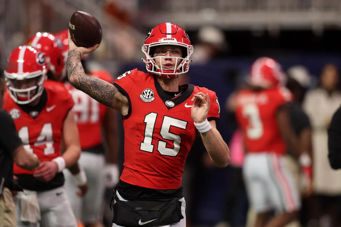 Dec 7, 2024; Atlanta, GA, USA; Georgia Bulldogs quarterback Carson Beck (15) practices before the 2024 SEC Championship game at Mercedes-Benz Stadium. Brett Davis-Imagn Images/File Photo