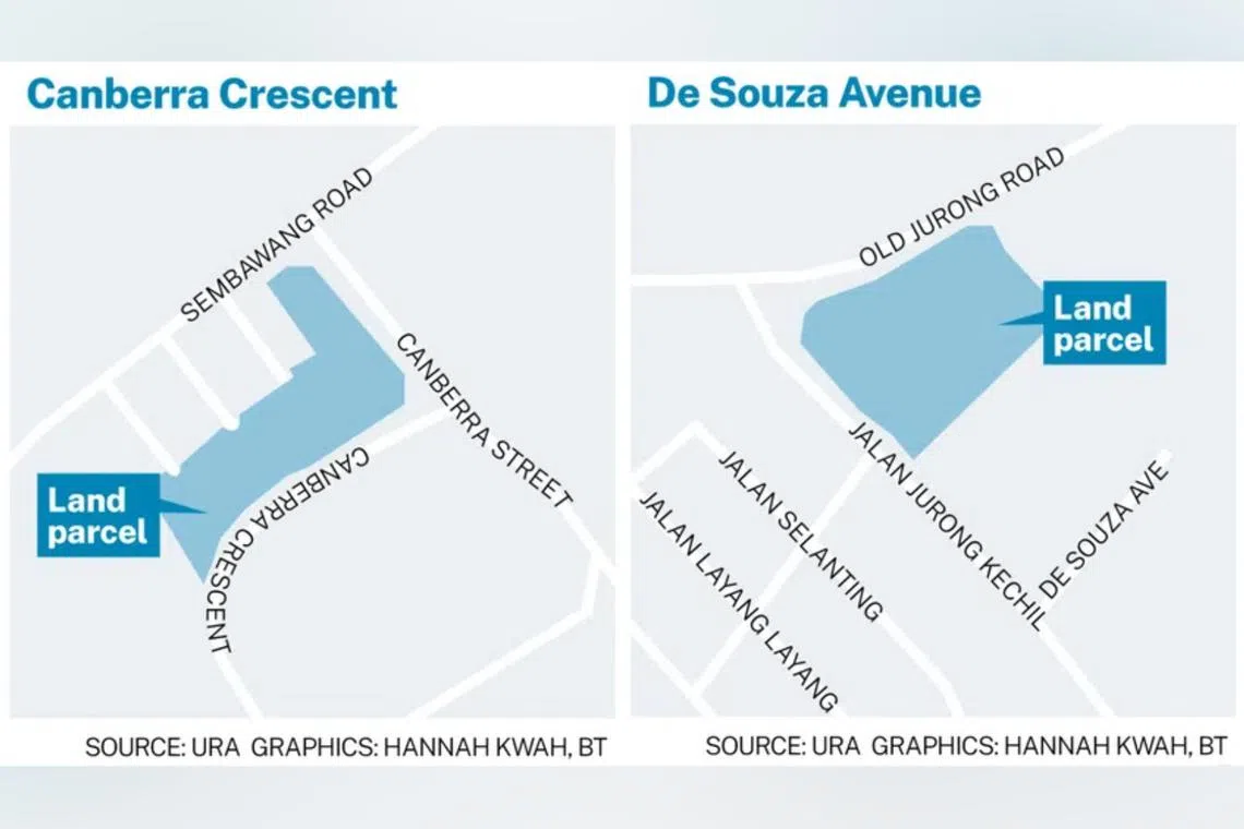 The Canberra Crescent has a site area of 20,437.3 sq m while the De Souza Avenue plot spans 19,245.4 sq m in site area.