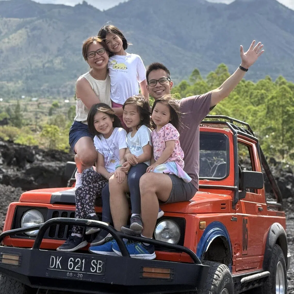 The Ongs on a jeep tour to explore Mount Batur’s black lava fields in Bali.