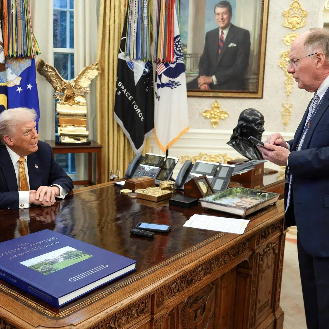 US President Donald Trump is interviewed by Reuters White House correspondent Steve Holland during an exclusive interview in the Oval Office on Jan 14, 2026.