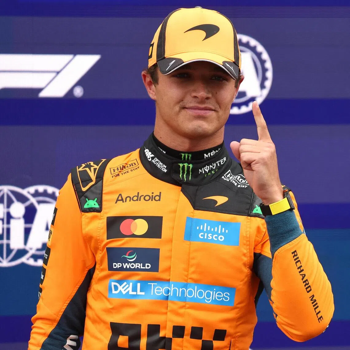 McLaren’s Lando Norris celebrates after qualifying in pole position on Aug 22 for the Dutch grand prix.