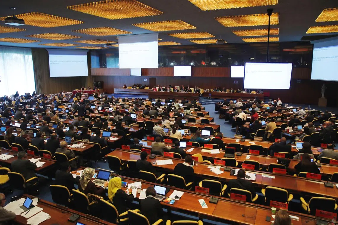 Overview taken during a meeting of the Governing Body on Qatar at the International Labor Organization (ILO) in Geneva, Switzerland, November 8, 2017. REUTERS/Denis Balibouse/ File Photo