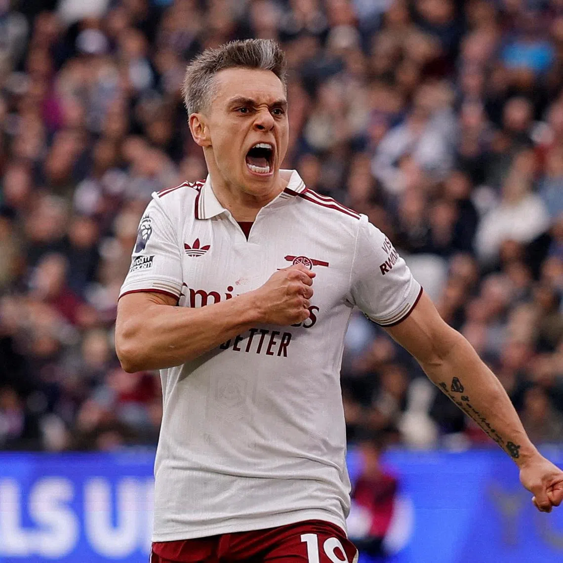 FILE PHOTO: Soccer Football - Premier League - West Ham United v Arsenal - London Stadium, London, Britain - May 10, 2026 Arsenal's Leandro Trossard celebrates scoring their first goal Action Images via Reuters/Andrew Couldridge/File Photo