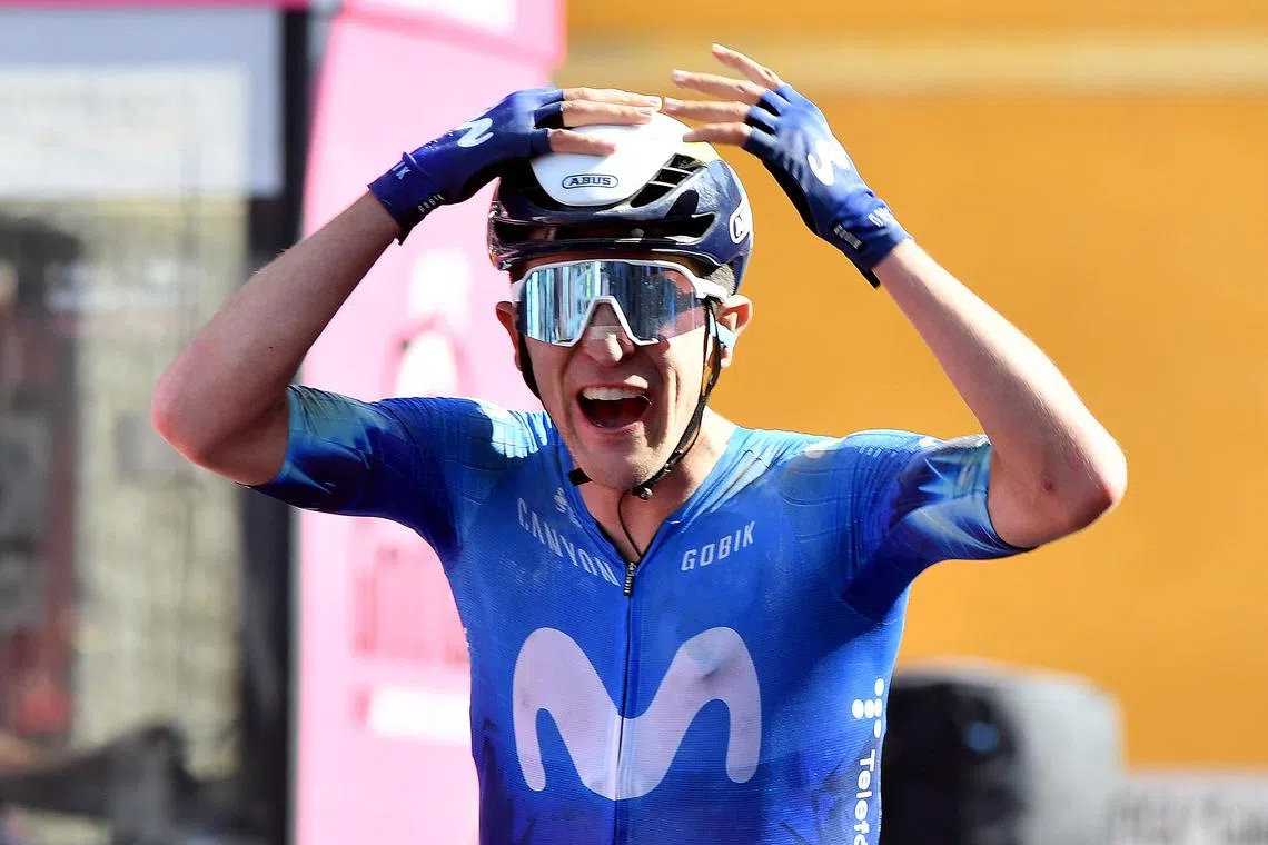 Cycling - Giro d'Italia - Stage 6 - Viareggio to Rapolano Terme - Italy - May 9, 2024 Movistar Team's Pelayo Sanchez celebrates after winning stage 6 REUTERS/Jennifer Lorenzini