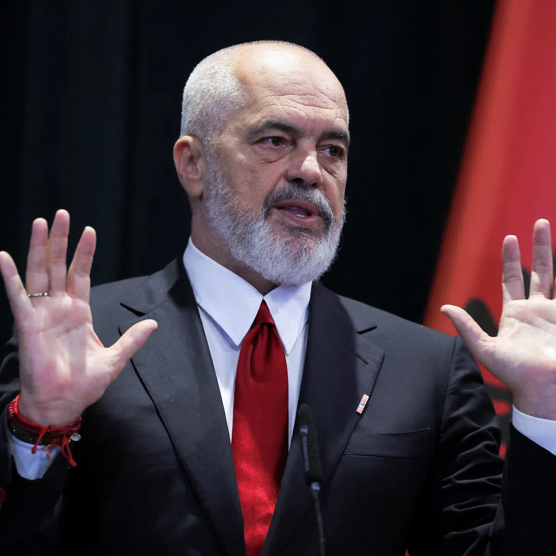 Albania's Prime Minister Edi Rama gestures during a press conference in Tirana, Albania May 17, 2025. REUTERS/Valdrin Xhemaj/File Photo