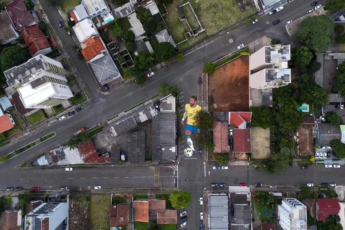 A drone view of a mural depicting Brazilian soccer player Neymar, created by artist Rafael Jung, in Novo Hamburgo, Brazil, June 10.