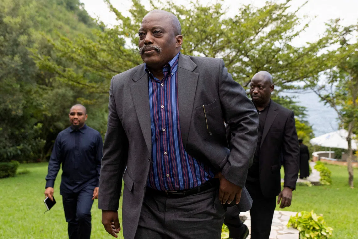 Democratic Republic of Congo's former President Joseph Kabila walks to attend a meeting with religious leaders to help find a \"solution\" to the crisis in the country's eastern regions, where Rwanda-backed M23 rebels have seized significant territory, in Goma, North Kivu, Democratic Republic of Congo, May 29, 2025. REUTERS/Arlette Bashizi