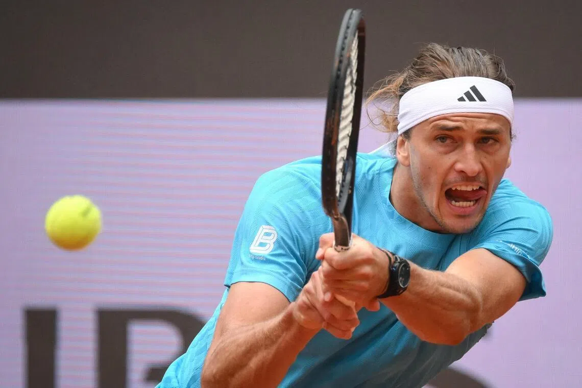 Alexander Zverev of Germany in action during his 6-1, 6-4 round of 32 win over Alexander Blockx of Belgium at the Italian Open tennis tournament in Rome on May 10, 2026. 