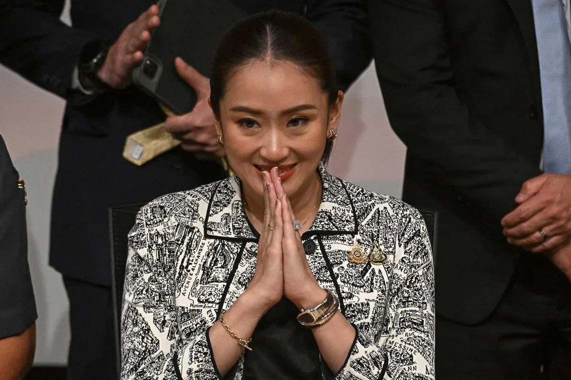 Pheu Thai party leader Paetongtarn Shinawatra at a press conference in Bangkok on Aug 15.