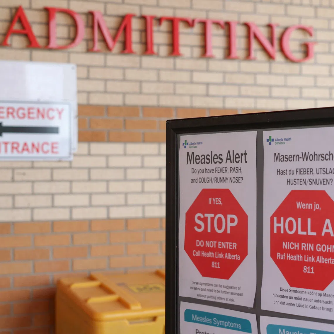 Healthy awareness posters related to the measles outbreak during a public health awareness campaign, at the Taber Health Centre, in the largely Mennonite community of Taber, Alberta, Canada, October 27, 2025. REUTERS/Ahmed Zakot