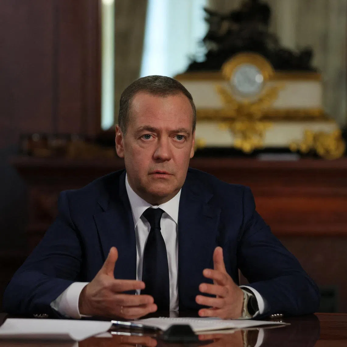 FILE PHOTO: Deputy Chairman of the Russian Security Council Dmitry Medvedev attends an interview with Reuters, TASS and WarGonzo in the Moscow region, Russia January 29, 2026. Dmitry Medvedev's Secretariat/Handout via REUTERS/ File Photo
