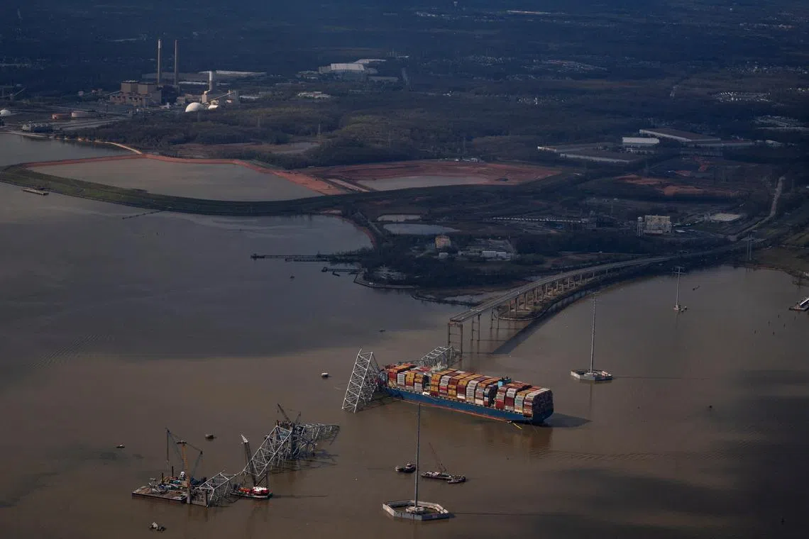 FILE PHOTO: View of the Dali cargo vessel which crashed into the Francis Scott Key Bridge causing it to collapse in Baltimore, Maryland, U.S., April 4, 2024. REUTERS/Nathan Howard/File Photo