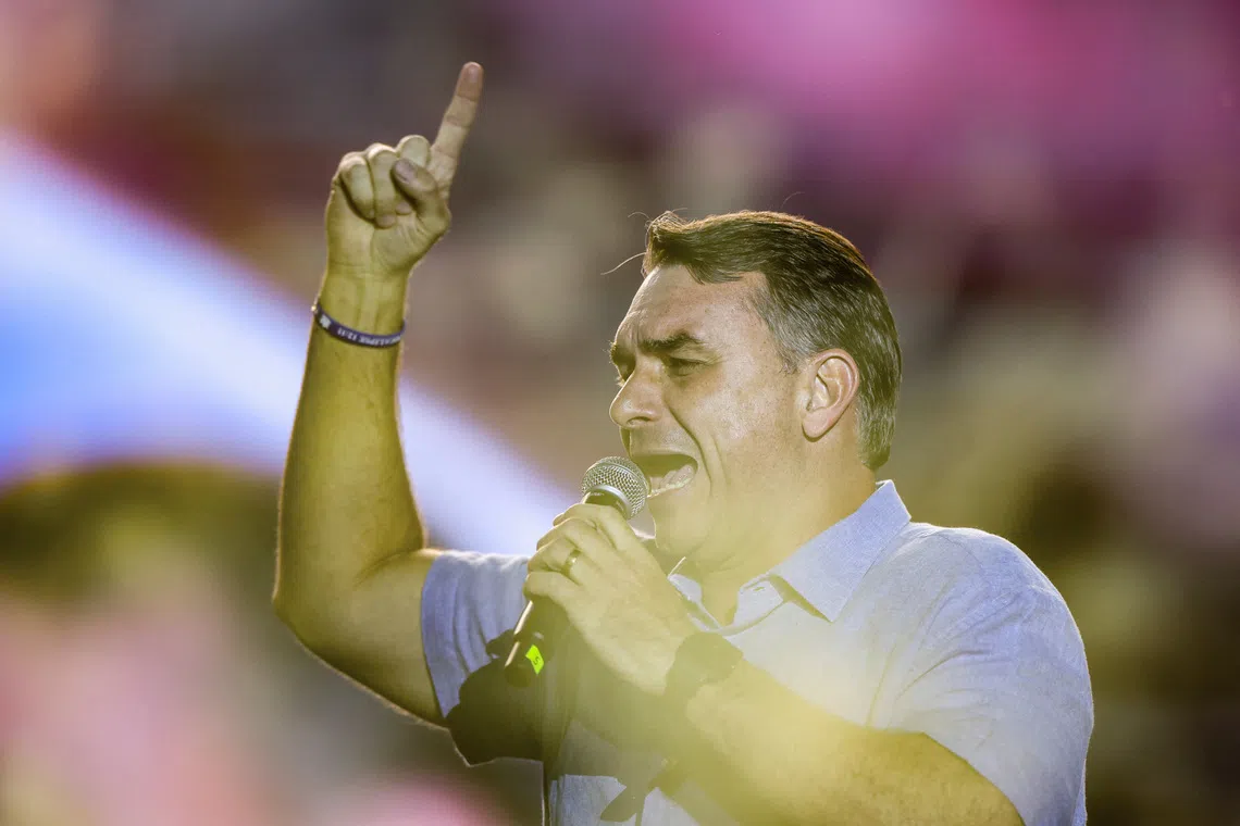 Brazilian presidential candidate Senator Flavio Bolsonaro gestures as he speaks during the Liberal Party's (PL) regional convention in Brasilia, Brazil, August 2, 2026. REUTERS/Adriano Machado