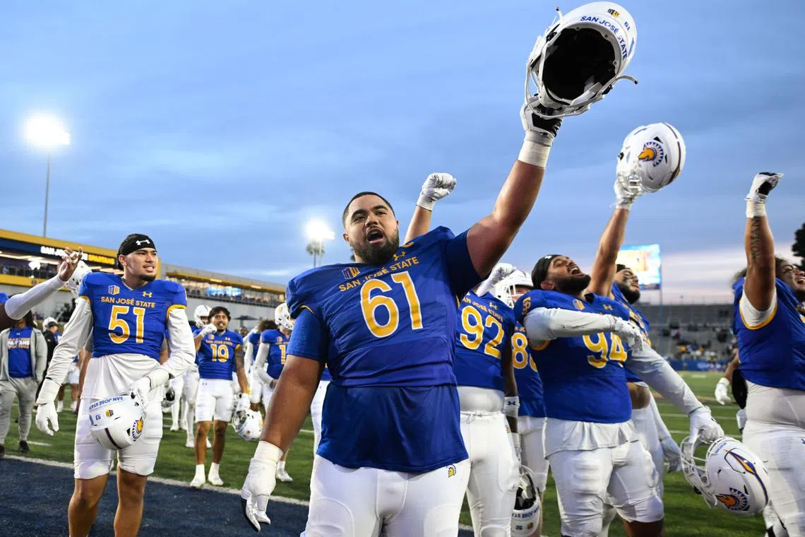 Nov 29, 2024; San Jose, California, USA; San Jose State Spartans offensive lineman Marist Talavou (61) celebrates their win over the Stanford Cardinal at CEFCU Stadium. Eakin Howard-Imagn Images/File Photo