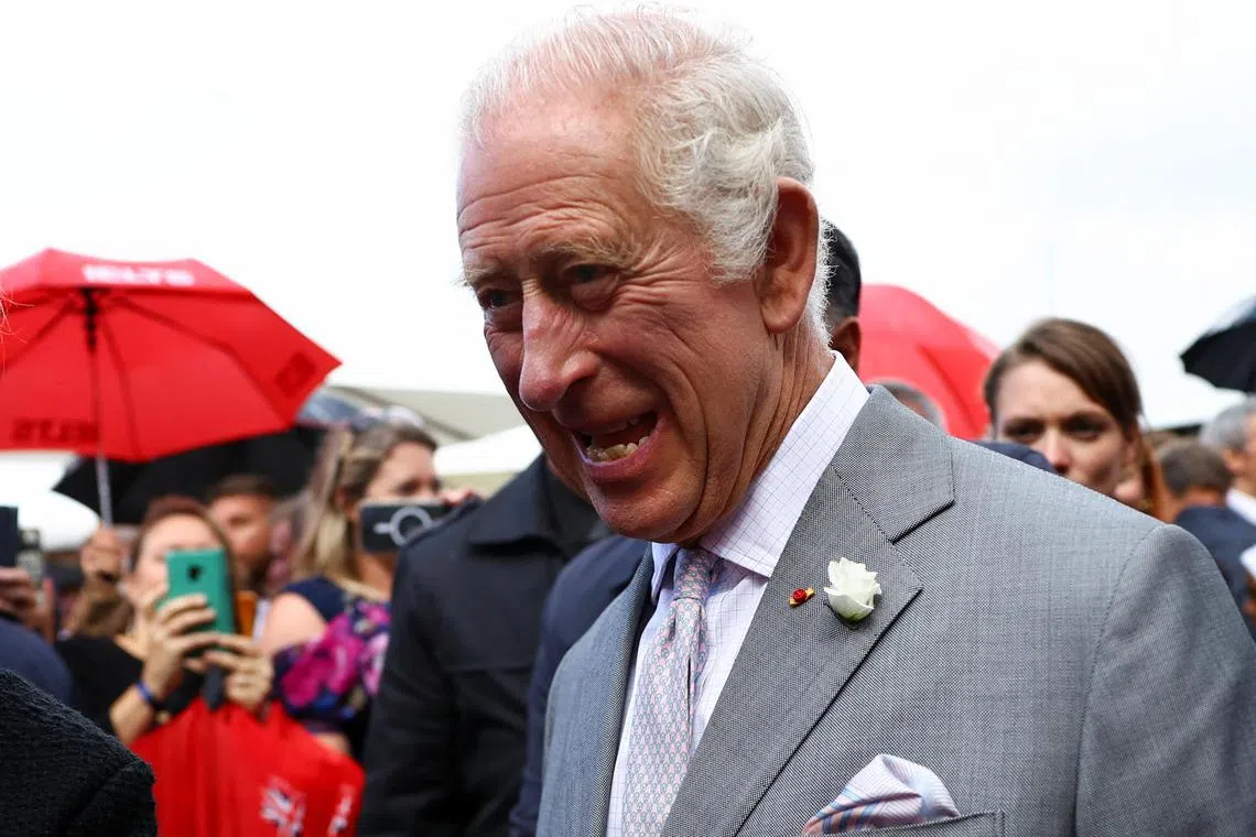 Britain's King Charles reacts at Place de la Bourse square in Bordeaux, on the third day of their State visit to France, September 22, 2023. REUTERS/Hannah McKay
