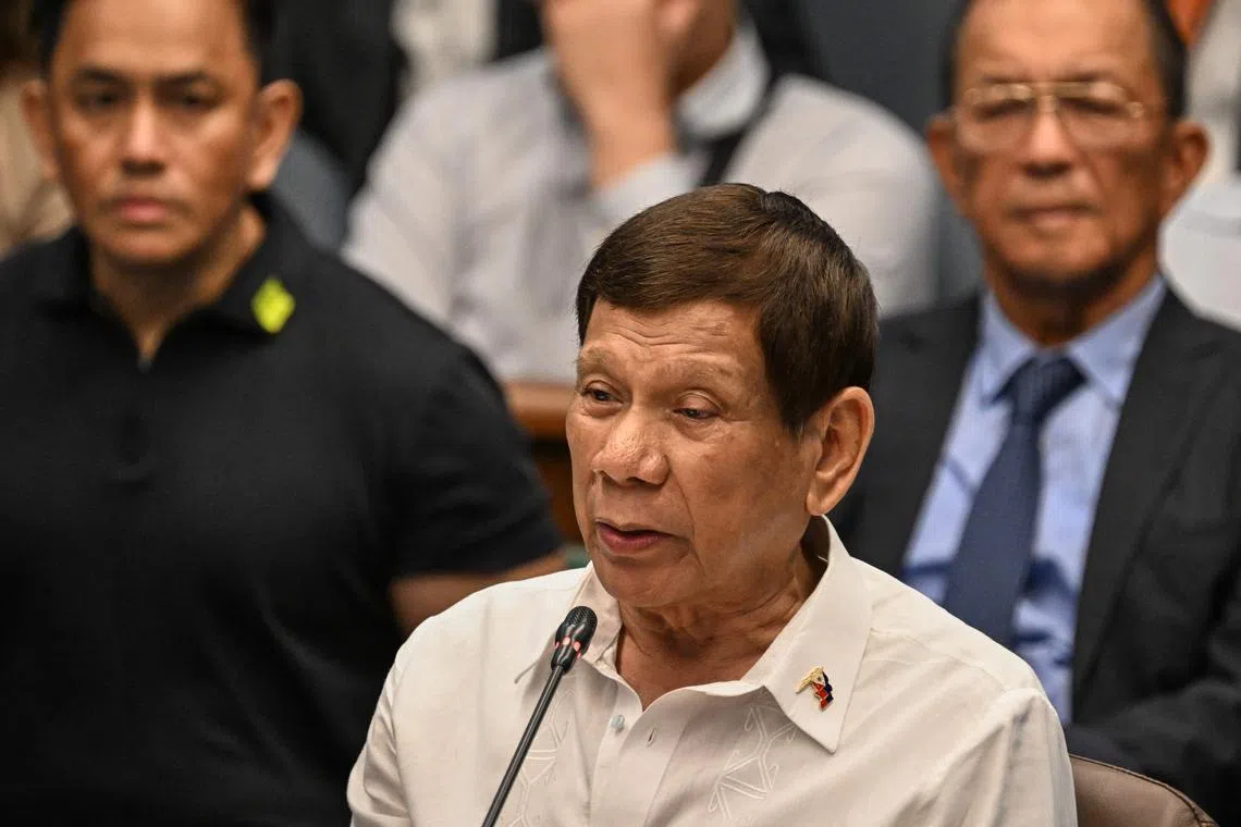 Former Philippine President Rodrigo Duterte testifying before the Sente in Manila on Oct 28.
