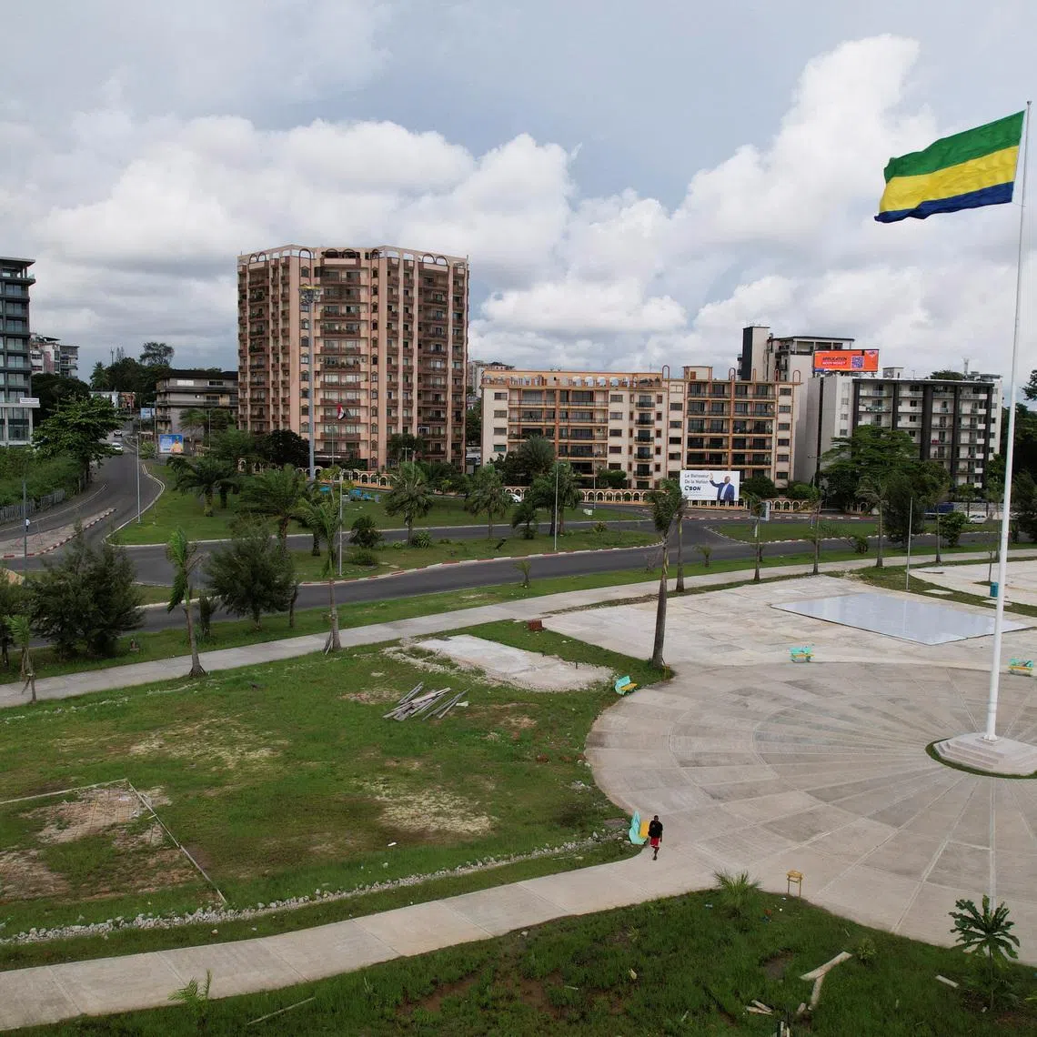 A drone view of the administrative center buildings at the seaside in Libreville, Gabon, April 15, 2025. REUTERS/Luc Gnago