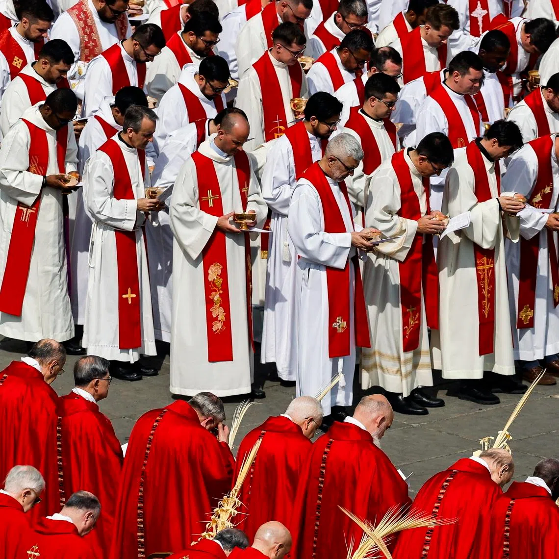 epa12858635 Cardinals attend the Holy Mass of Palm Sunday in Saint Peter's Square, Vatican City, 29 March 2026.  EPA/ANGELO CARCONI