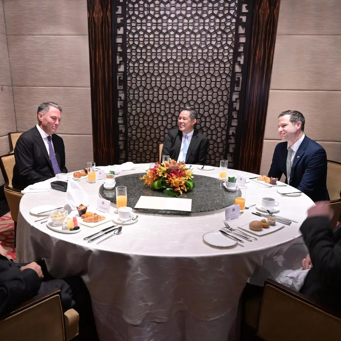 Singapore Defence Minister Chan Chun Sing (centre) hosted top defence leaders from the Five Power Defence Arrangements to breakfast on May 31.
