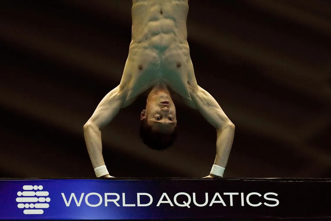 Junjie Lian of China competing at the Men's 10m Platform preliminary round of the Diving events during the World Aquatics Championships 2023 in Fukuoka, Japan on 21 July 2023.  