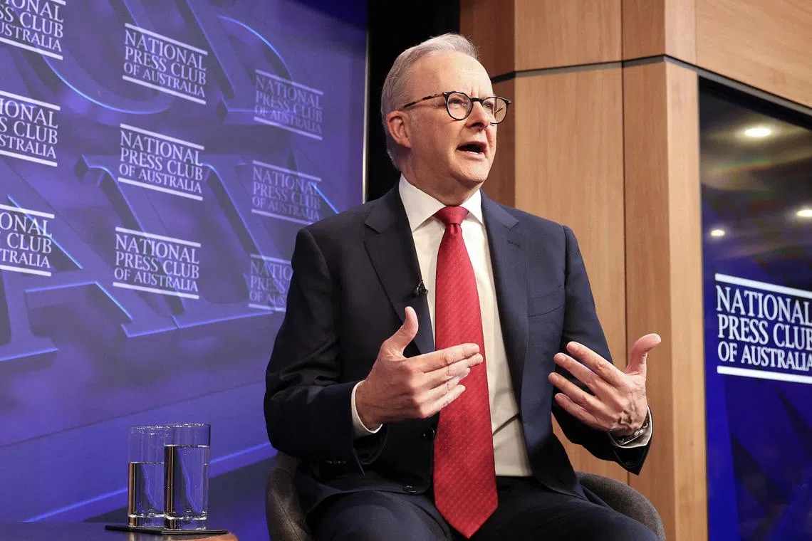 Australia's Prime Minister Anthony Albanese speaks at the National Press Club in Canberra on April 30.