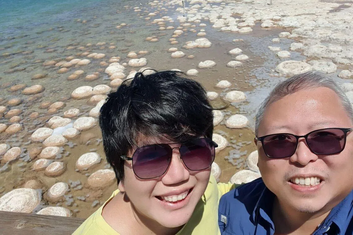 Geology enthusiasts, Ms Sofina Tan and her husband Mr Joseph Cheah at the thrombolite reef at Yalgorup National Park, Mandurah, Western Australia