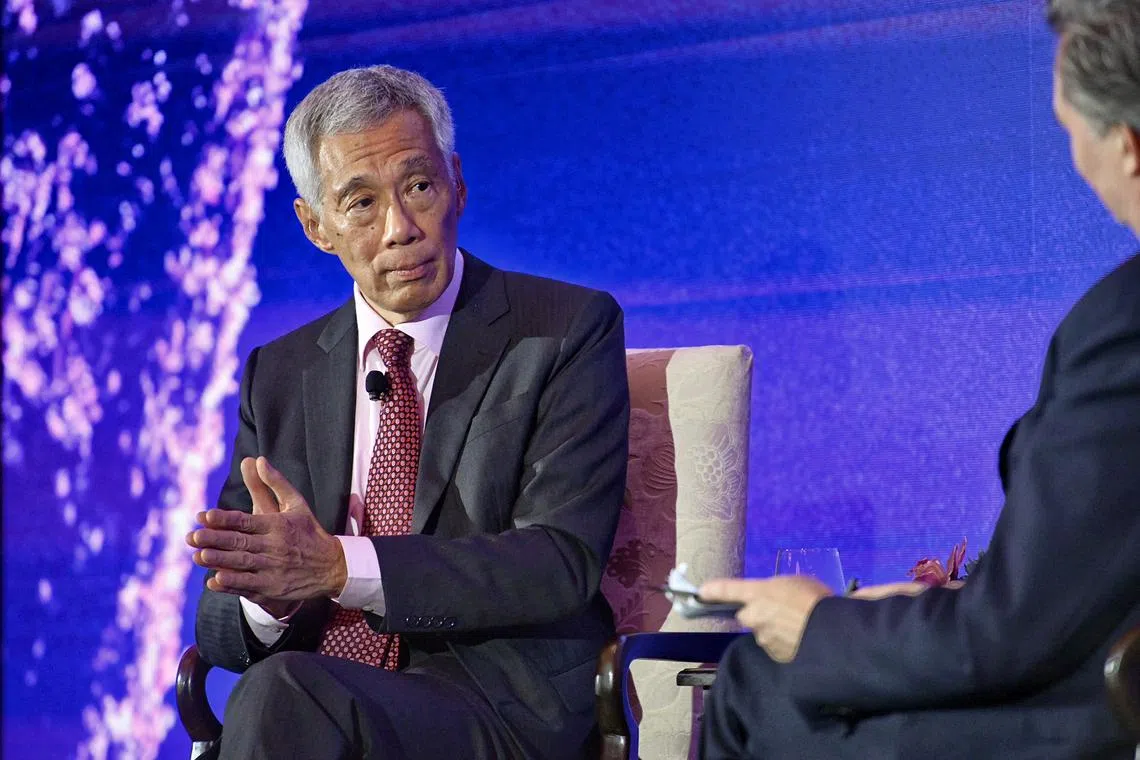 Picture taken on Wednesday, November 8, 2023 at The Clifford Pier at The Fullerton Bay Hotel In Conversation with Prime Minister Lee Hsien Loong, Republic of Singapore ; Who is moderated by John Micklethwait, Editor-in-Chief, Bloomberg . during the sixth annual Bloomberg New Economy Forum.