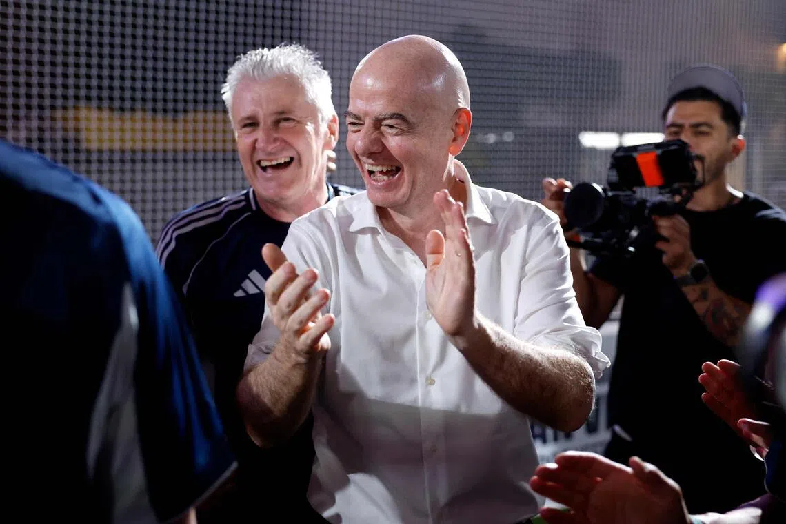 FIFA President Gianni Infantino claps during the Legends Cup of the 2026 World Cup football tournament at the Rockefeller Center in New York on July 17, 2026.  (Photo by Kena BETANCUR / AFP)
