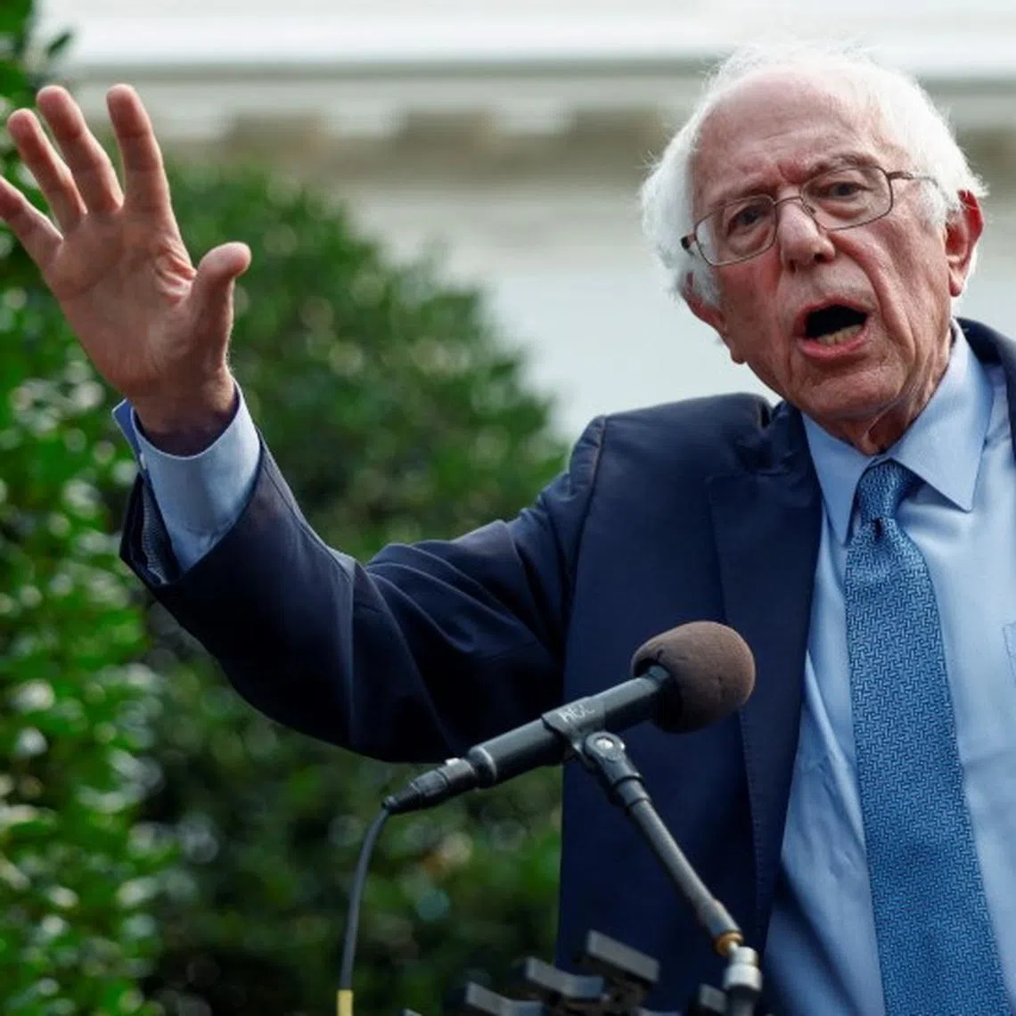 U.S. Senator Bernie Sanders (I-VT) speaks to the media following a meeting with U.S. President Joe Biden at the White House in Washington, U.S., July 17, 2023. REUTERS/Evelyn Hockstein/File Photo