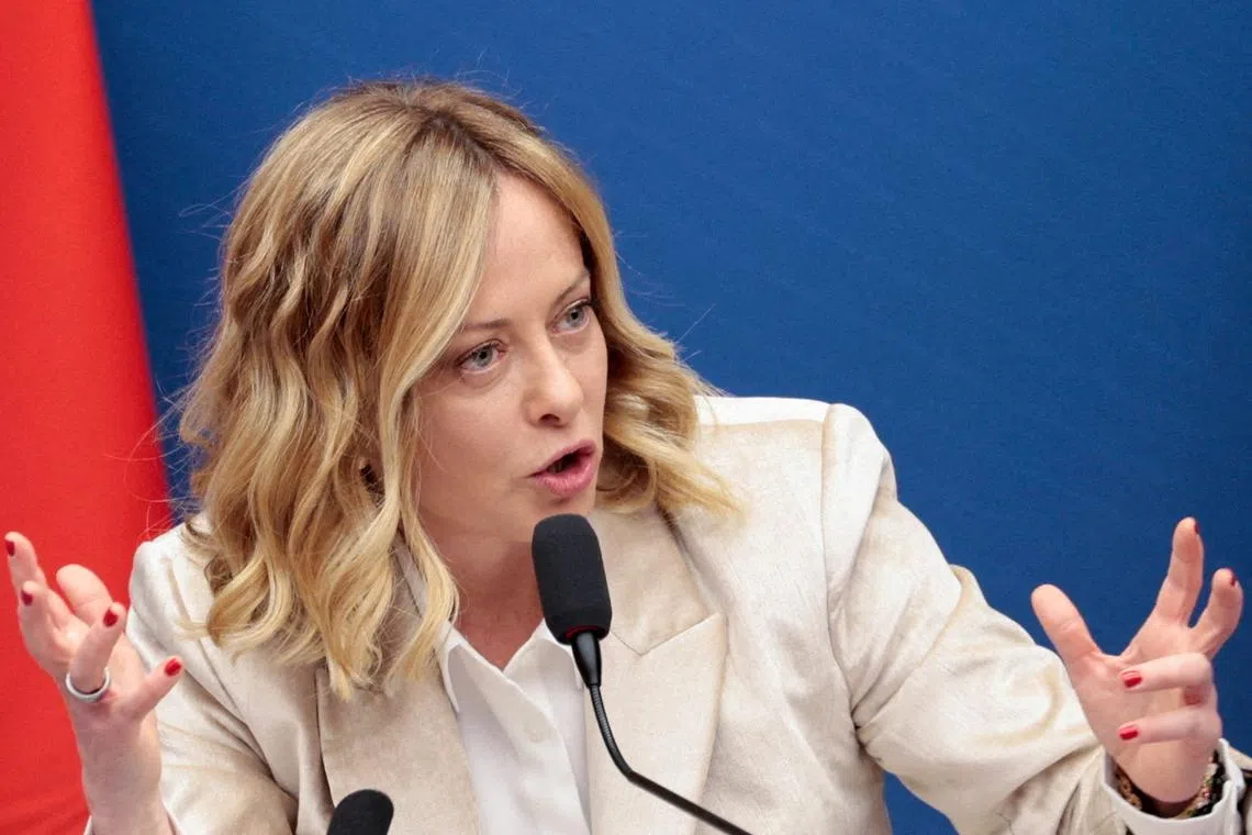 FILE PHOTO: Italy's Prime Minister Giorgia Meloni attends her end-of-year press conference in Rome, Italy, January 9, 2025. REUTERS/Remo Casilli/File Photo