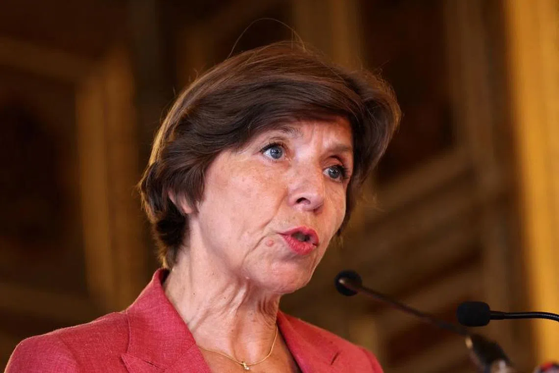 FILE PHOTO: French Foreign and European Affairs Minister Catherine Colonna speaks during a press conference in Paris, France, August 29, 2023. REUTERS/Stephanie Lecocq/File Photo