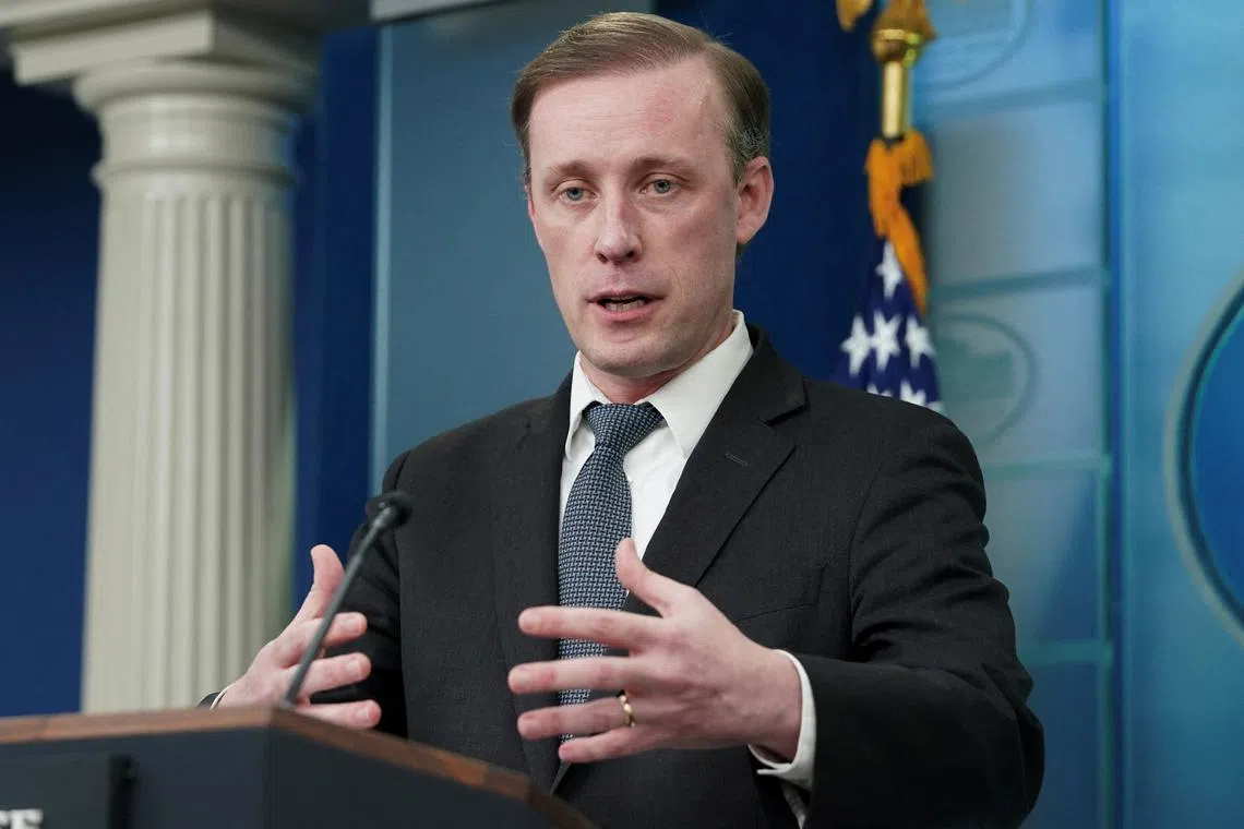 FILE PHOTO: U.S. National Security Advisor Jake Sullivan speaks during a press briefing at the White House in Washington, U.S., March 12, 2024. REUTERS/Kevin Lamarque/File Photo