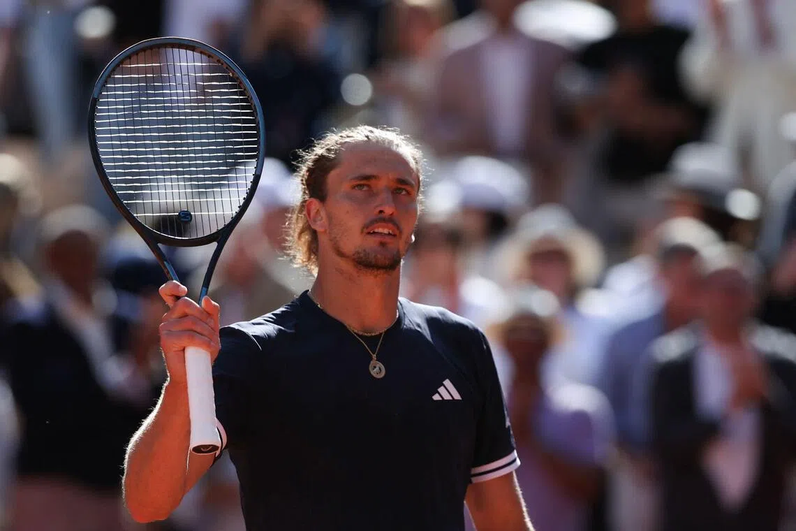 Germany's Alexander Zverev celebrates after defeating Jakub Mensik of the Czech Republic on June 5 in their French Open semi-final..