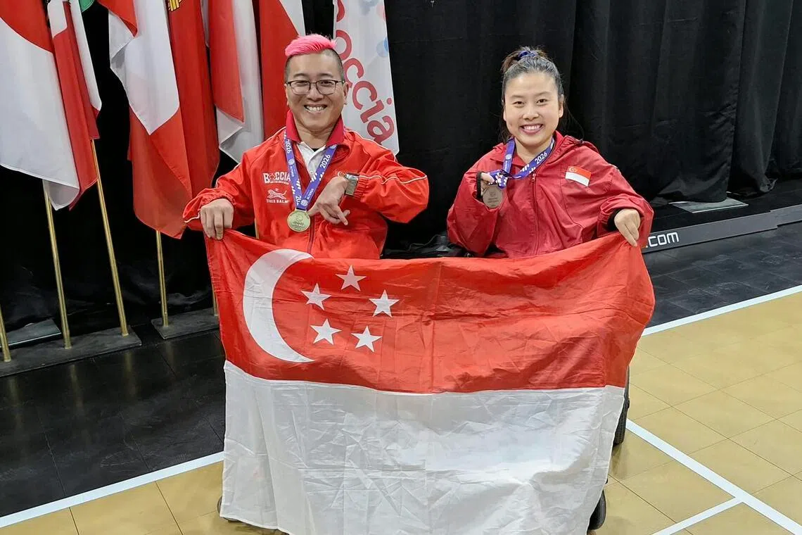 Singapore's Jovin Tan (left) and Jeralyn Tan win a BC1 male gold and BC1 female bronze respectively at the Montreal 2026 World Boccia Cup.