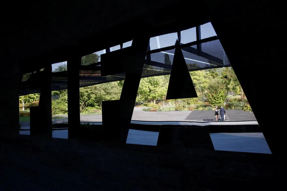 FILE PHOTO: Soccer Football - Official Draw for the FIFA Club World Cup UAE 2018 - Zurich, Switzerland - September 4, 2018  General view of the FIFA logo before the start of the draw  REUTERS/Arnd Wiegmann/File Photo