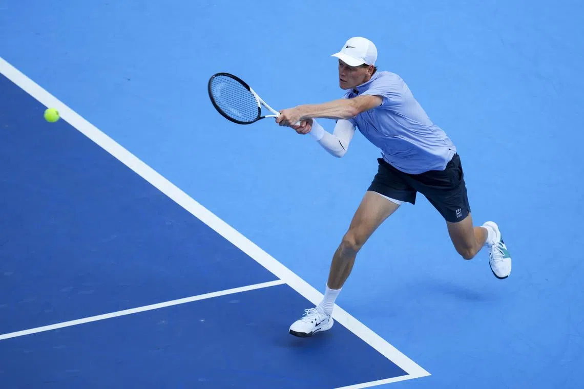 FILE PHOTO: Aug 16, 2025; Cincinnati, OH, USA;  Jannik Sinner (ITA) returns a shot against Terence Atmane (FRA) during the Cincinnati Open at the Lindner Family Tennis Center. Mandatory Credit: Aaron Doster-Imagn Images/ File Photo