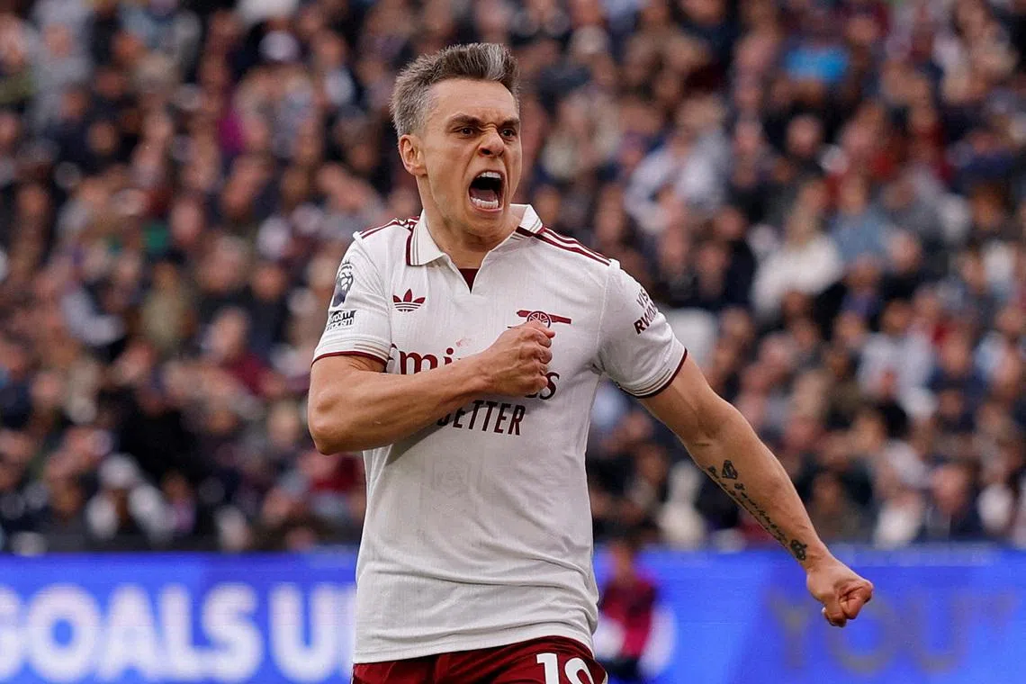 FILE PHOTO: Soccer Football - Premier League - West Ham United v Arsenal - London Stadium, London, Britain - May 10, 2026 Arsenal's Leandro Trossard celebrates scoring their first goal Action Images via Reuters/Andrew Couldridge/File Photo