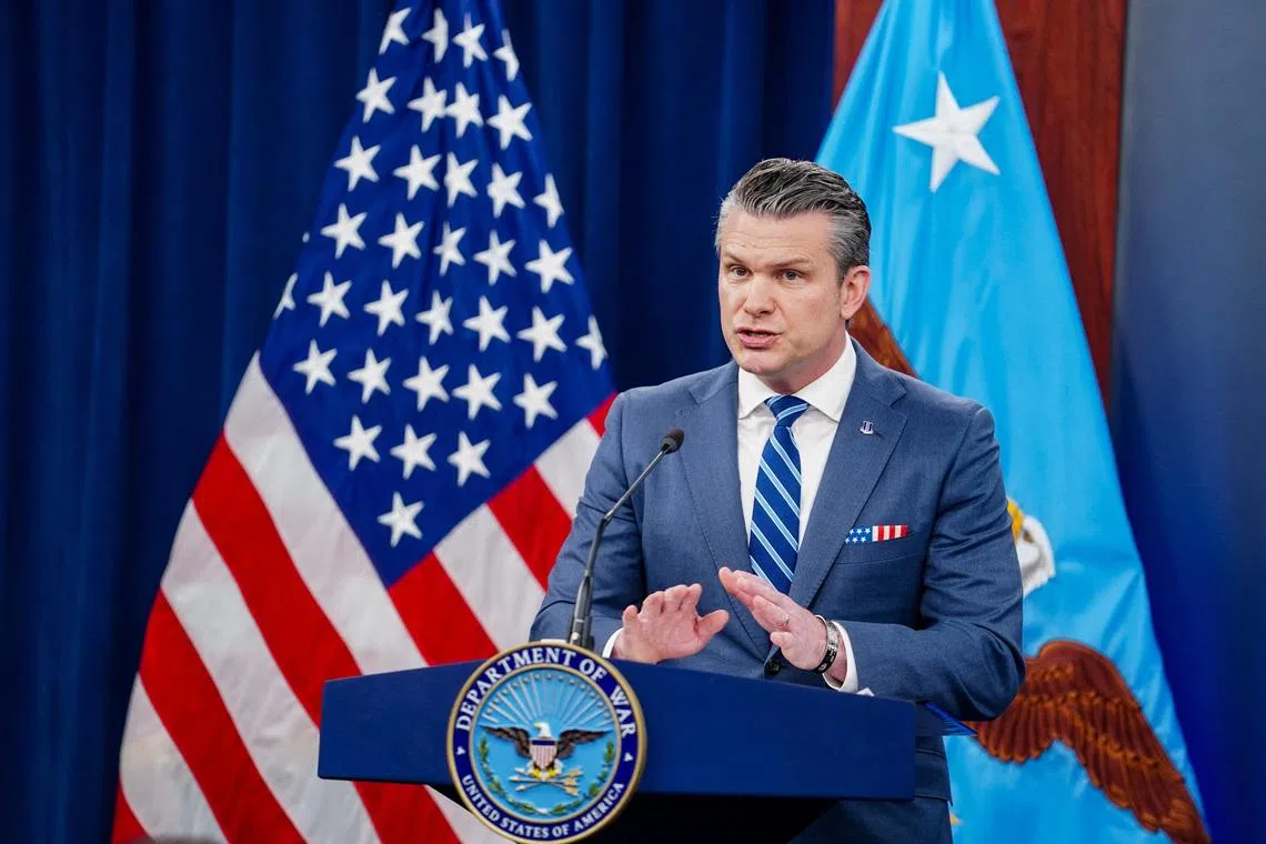 U.S. Secretary of Defense Pete Hegseth speaks during a briefing on the Iran war, at the Pentagon in Washington, D.C., U.S., April 16, 2026. REUTERS/Nathan Howard