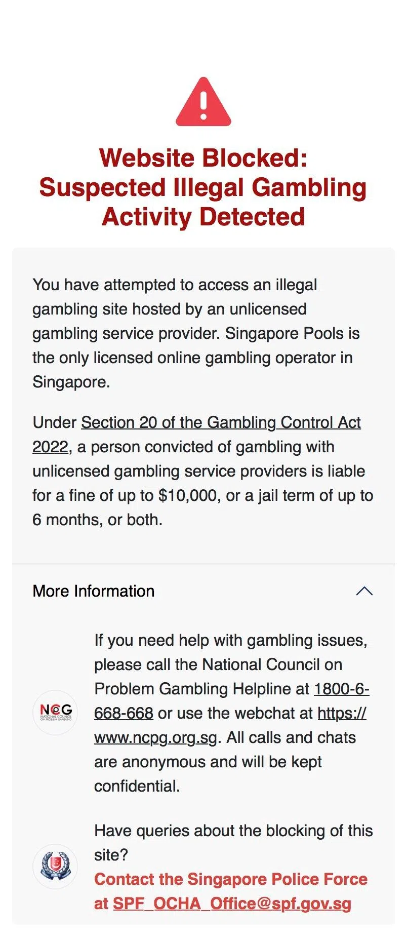 A warning message shown when Singapore-based users attempt to access Polymarket.
