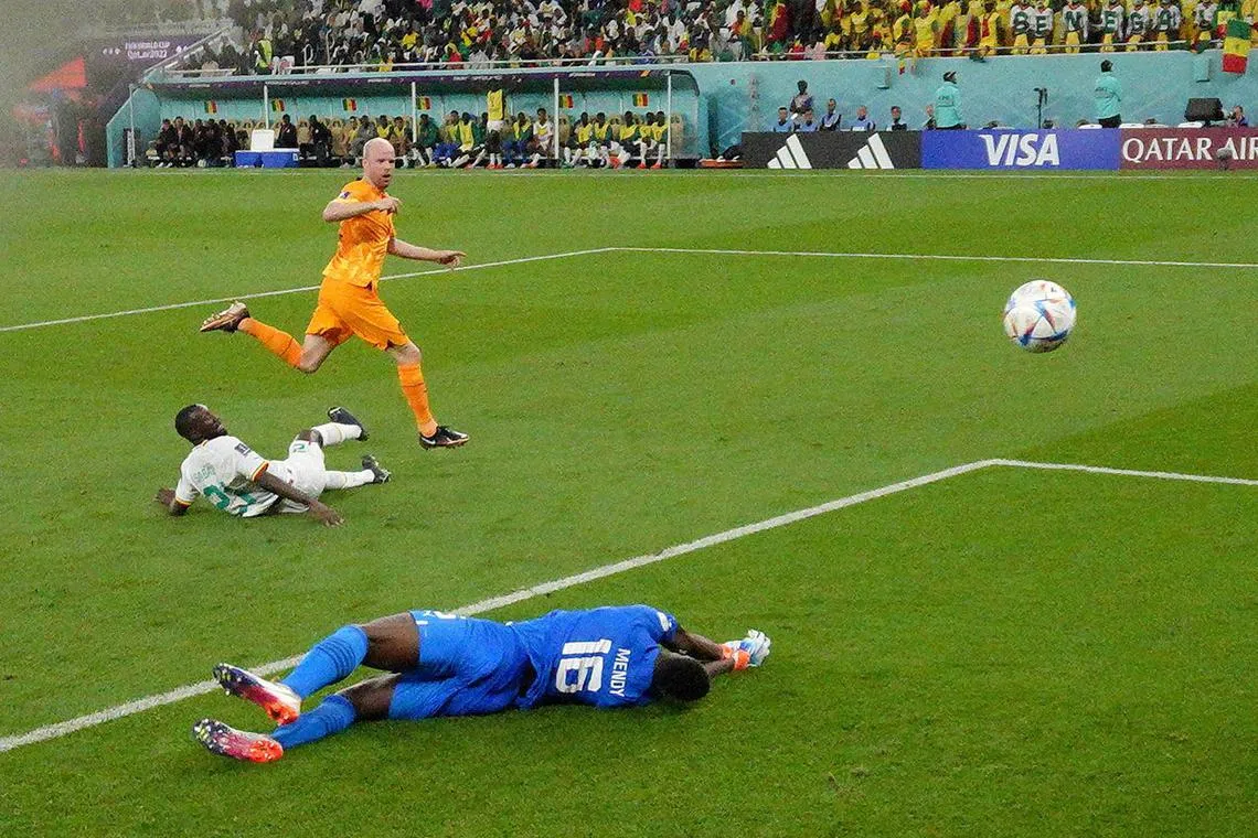 Netherlands' Davy Klaassen scoring in nearly the 99th minute during the 2-0 win over Senegal.