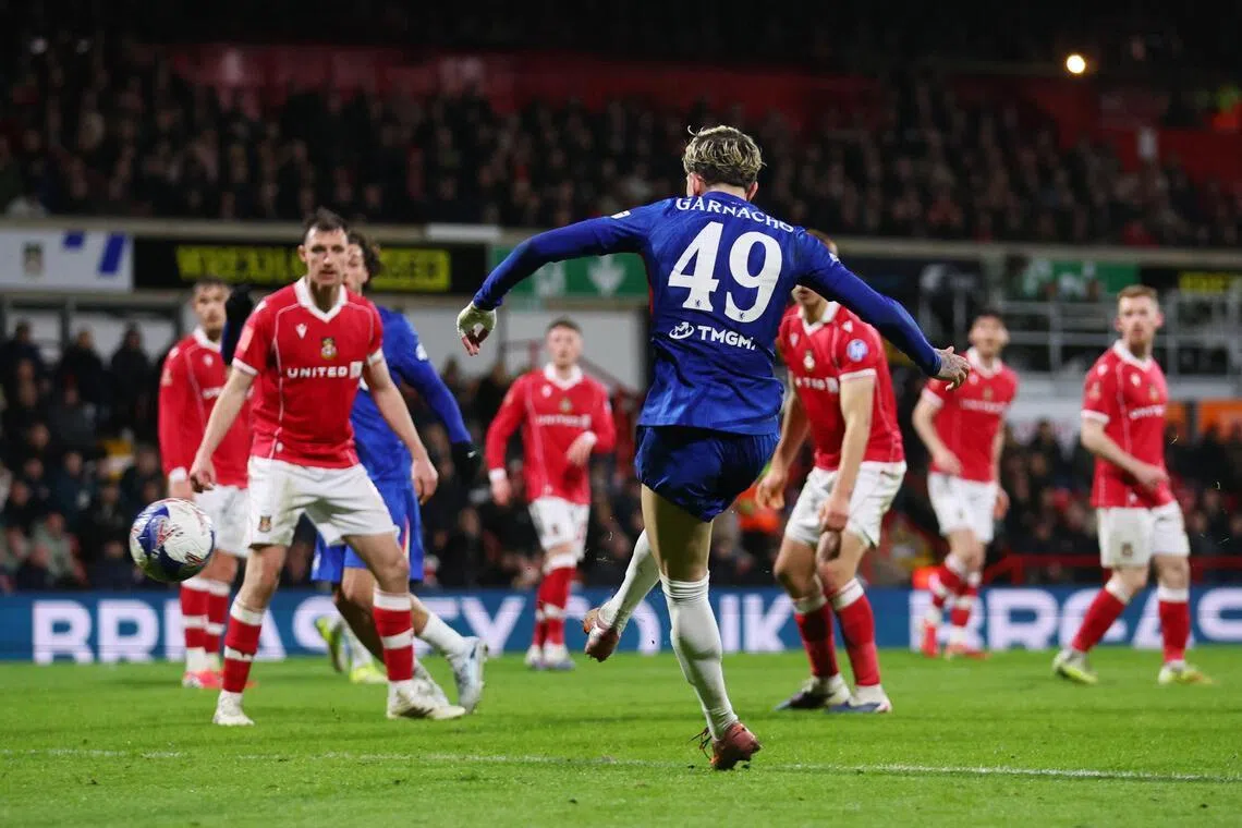 Chelsea’s Alejandro Garnacho scoring their third goal to put the Blues 3-2 up against Championship side Wrexham in the 96th minute of their FA Cup clash on March 7.