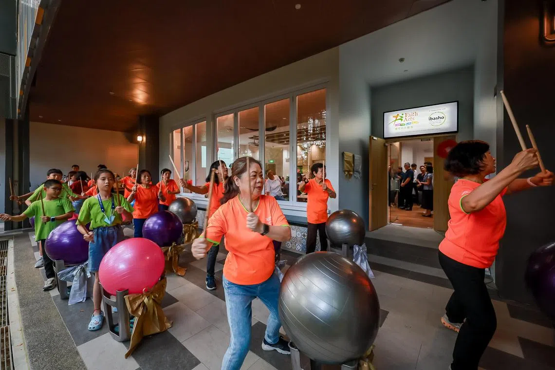 At the FaithActs x Ibasho Margaret Drive Centre (above), older people are empowered to embrace technology through digital clinics. Initiatives, such as drumming with exercise balls, are also set to launch.