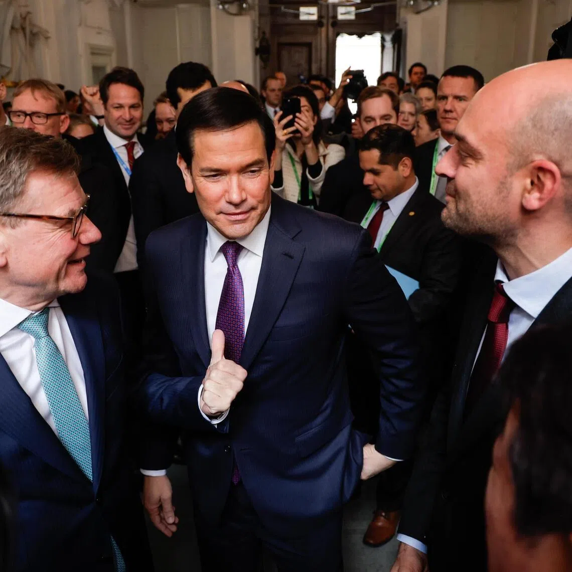 (L-R) German Foreign Minister Johann Wadephul, United States Secretary of State Marco Rubio and  Minister for Europe and Foreign Affairs of France Jean-Noel Barrot attend the G-7 Foreign Ministers' Meeting during the 62nd Munich Security Conference in Munich, Germany, on Feb 14 14 2026. 