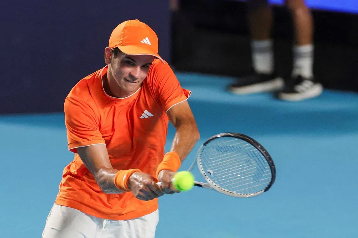 FILE PHOTO: Tennis - Mexican Open - Arena GNP Seguros, Acapulco, Mexico - February 23, 2026 Spain's Rafael Jodar in action against Britain's Cameron Norrie. REUTERS/Henry Romero/File Photo