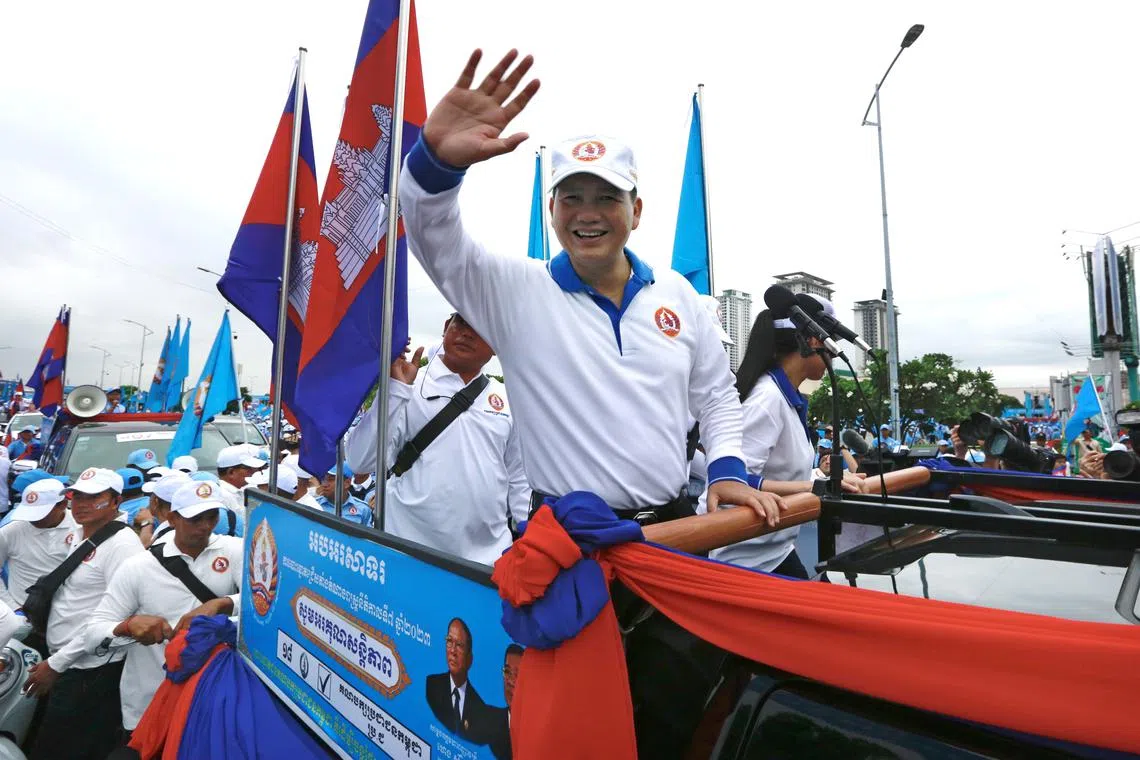 Mr Hun Manet (centre) during a general election campaign rally in Phnom Penh, Cambodia, on July 21, 2023.