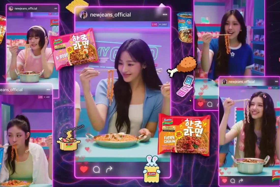 NewJeans members (clockwise from top left) Hanni, Minji, Hyein, Danielle and Haerin in a new advertisement for Indomie.