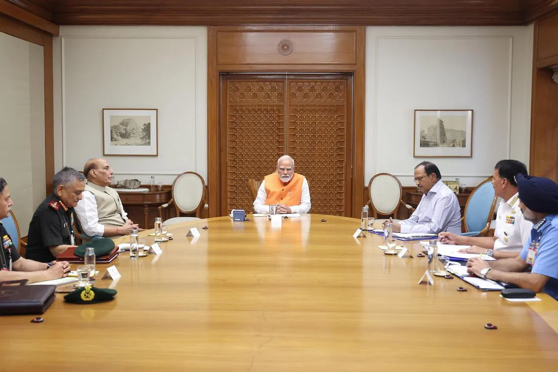 Indian Prime Minister Narendra Modi (centre) held a closed-door meeting with defence staff in New Delhi, on April 29.
