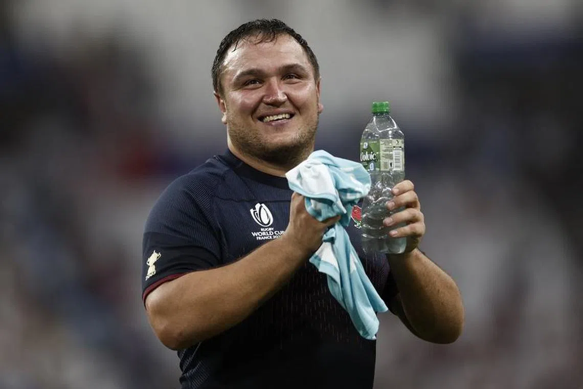 FILE PHOTO-Rugby Union - Rugby World Cup 2023 - Pool D - England v Argentina - Orange Velodrome, Marseille, France - September 9, 2023 England's Jamie George celebrates after the match REUTERS/Benoit Tessier/File Photo