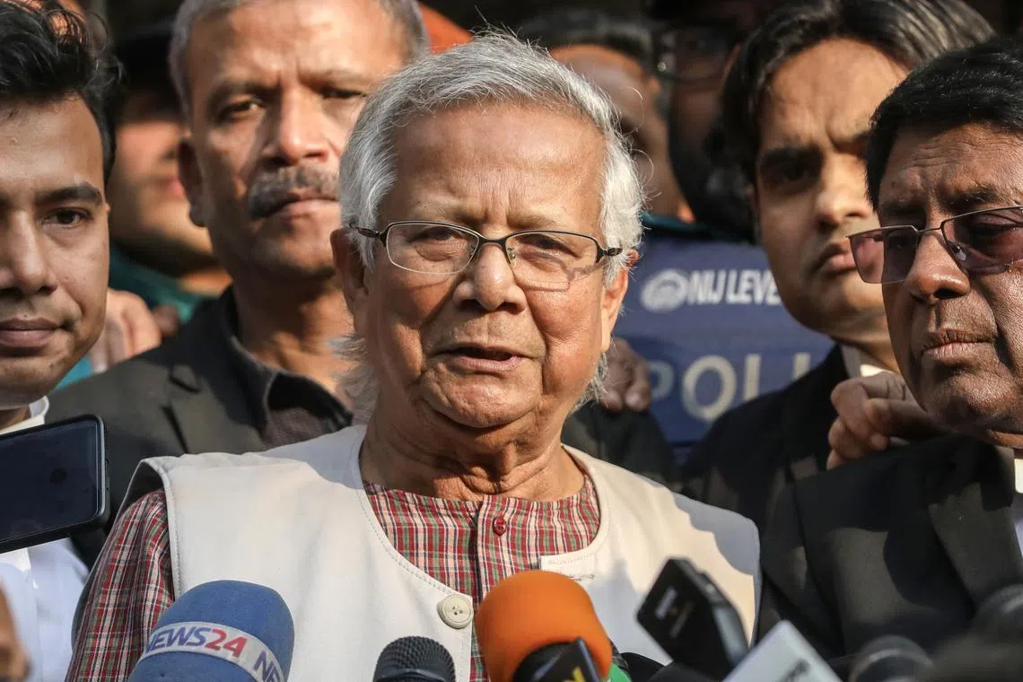 Bangladeshi Nobel Peace Prize laureate Muhammad Yunus talks to the media outside the Dhaka Labor Court in Dhaka, Bangladesh, Jan 1, 2024.