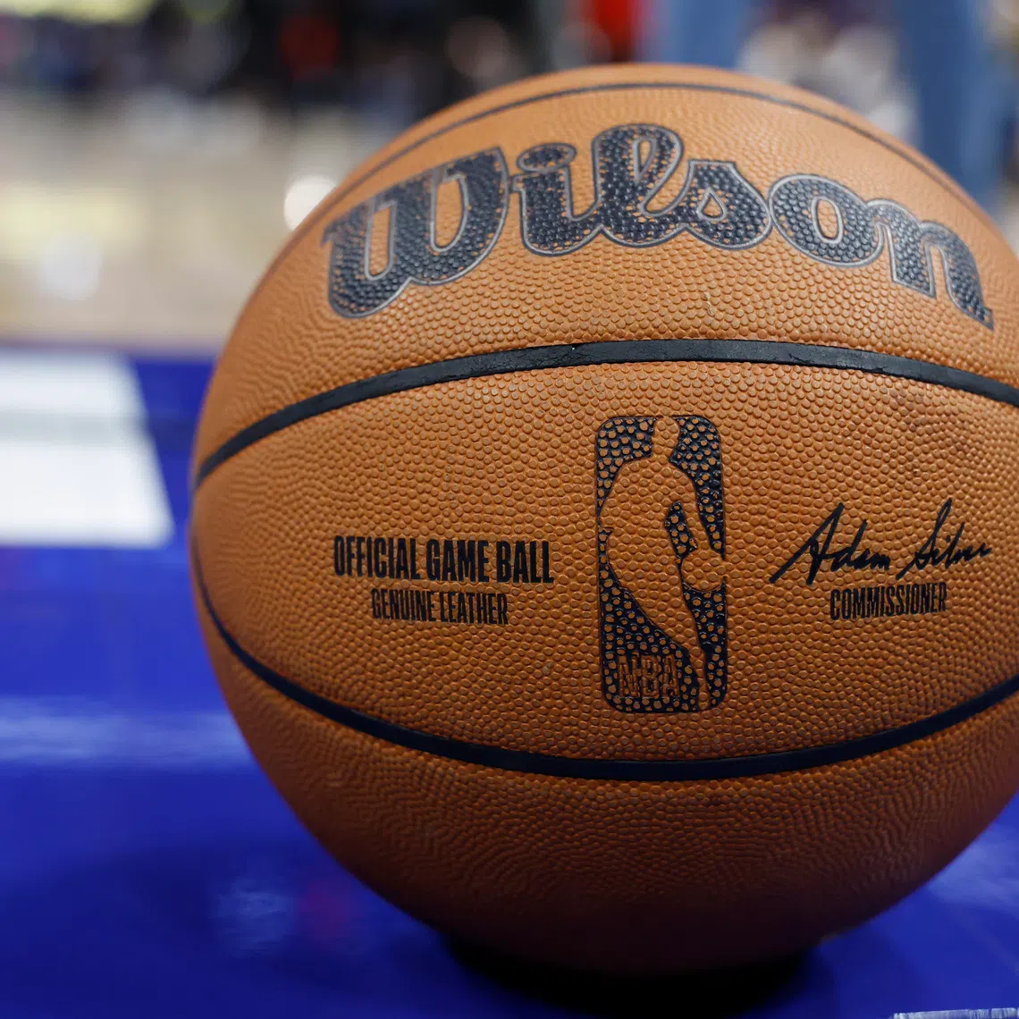 Oct 16, 2026; Detroit, Michigan, USA;  A basketball sits on the court during the first half of the game between the Detroit Pistons and Toronto Raptors at Little Caesars Arena.  Mandatory Credit: Rick Osentoski-Imagn Images/ File Photo